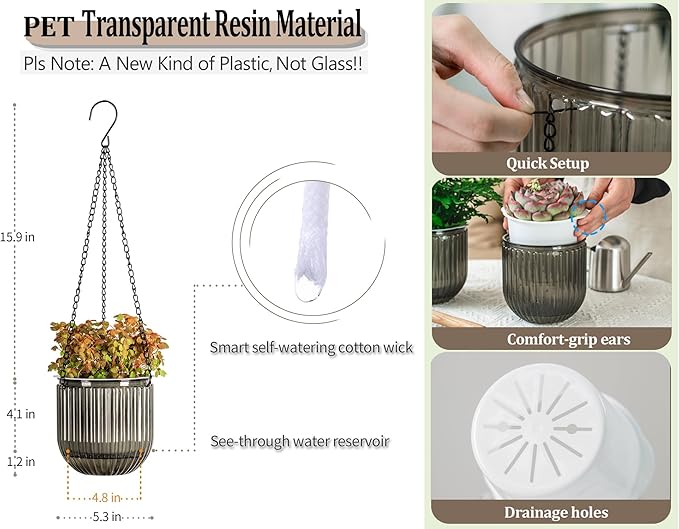 Melphoe 2 Pack Self Watering Hanging Planters Indoor Flower Pots, 5.3 Inch - Image 5