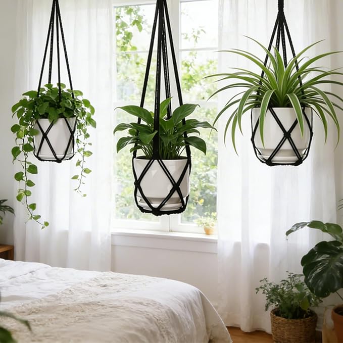 YIBOT 3 Pack Black Macrame Plant Hanger Indoor Hanging Planter Basket - Image 7
