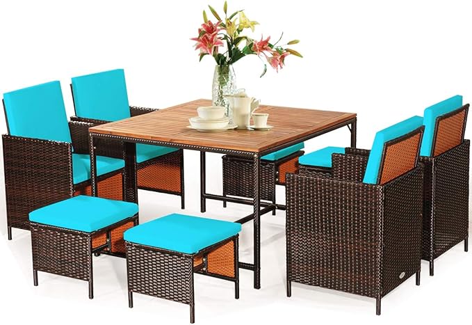 Tangkula 9 Pieces Acacia Wood Patio Dining Set, Space Saving Wicker Chairs and by TANGKULA