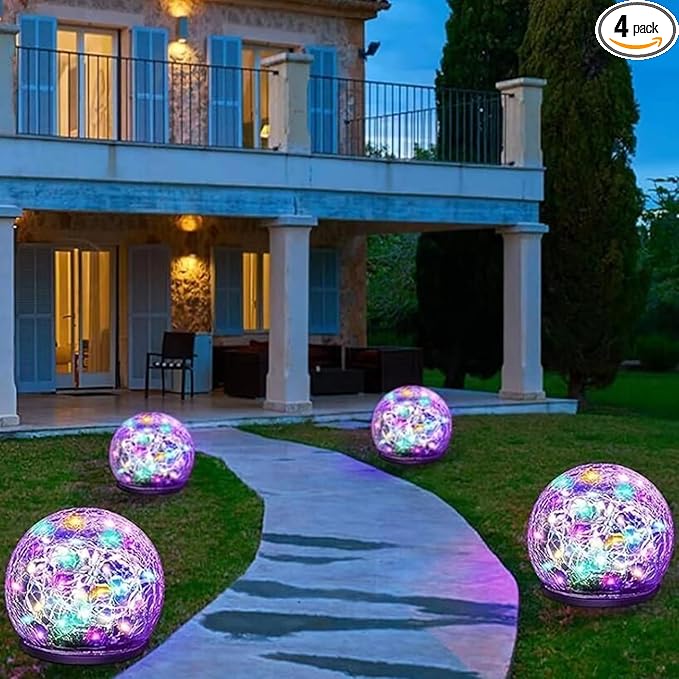 Solar Garden Lights, 4 Pack 120 LED Multicolor Cracked Glass Solar Outdoor by Keevvon