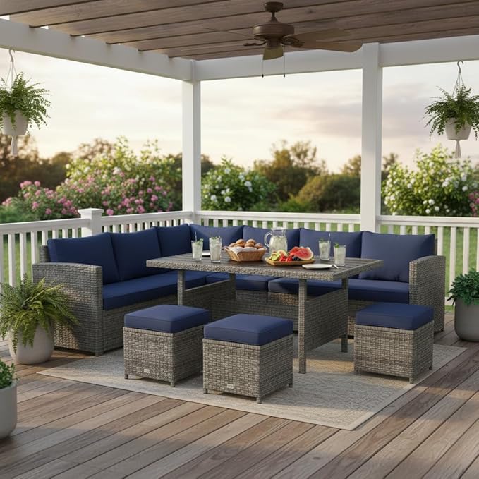Tangkula 7 Pieces Patio Furniture Set, Outdoor Sectional Rattan Dining Sofa Set - Image 3