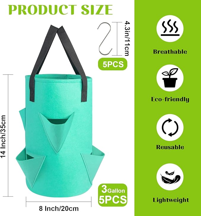 5 Pack Upside Down Strawberry Hanging Planter, 3 Gallon Tomato Hanging Grow Bags - Image 2