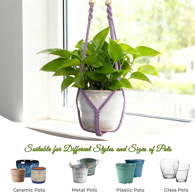 Macrame Plant Hanger, Wood Beads Cotton Hanging Planter Holder - Image 6