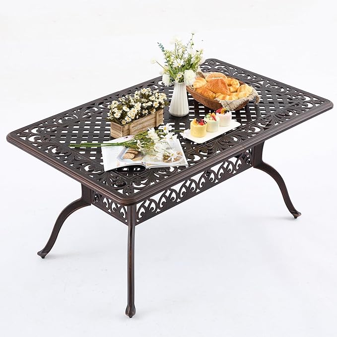 60" Cast Aluminum Outdoor Dining Table – Rectangular Red Copper Patio Table by Attliahome