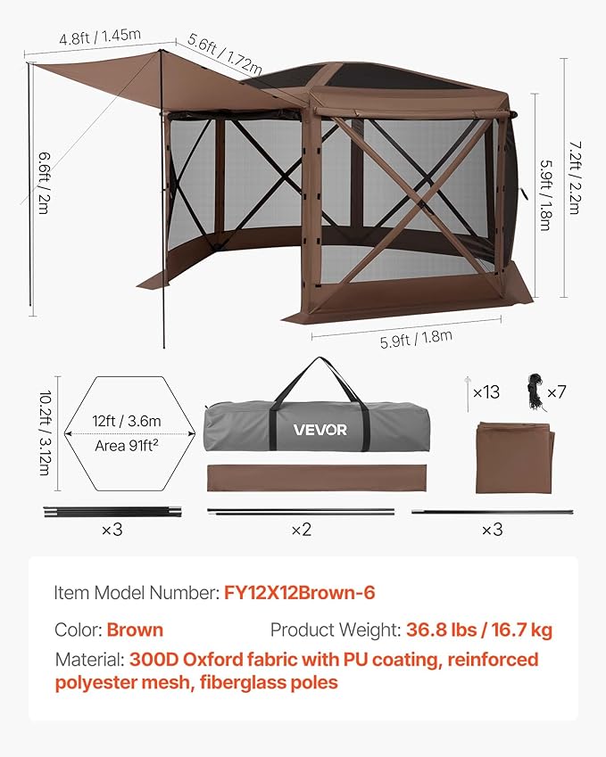 VEVOR Pop up Gazebo Screen Tent, 12 x 12 ft Large 6-Sided Camping Canopy Tent - Image 7
