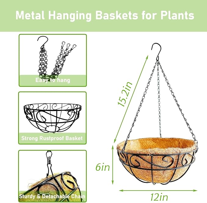 Hanging Planters for Outdoor Plants, 2 Pack 12 inch Wire Hanging Baskets - Image 3