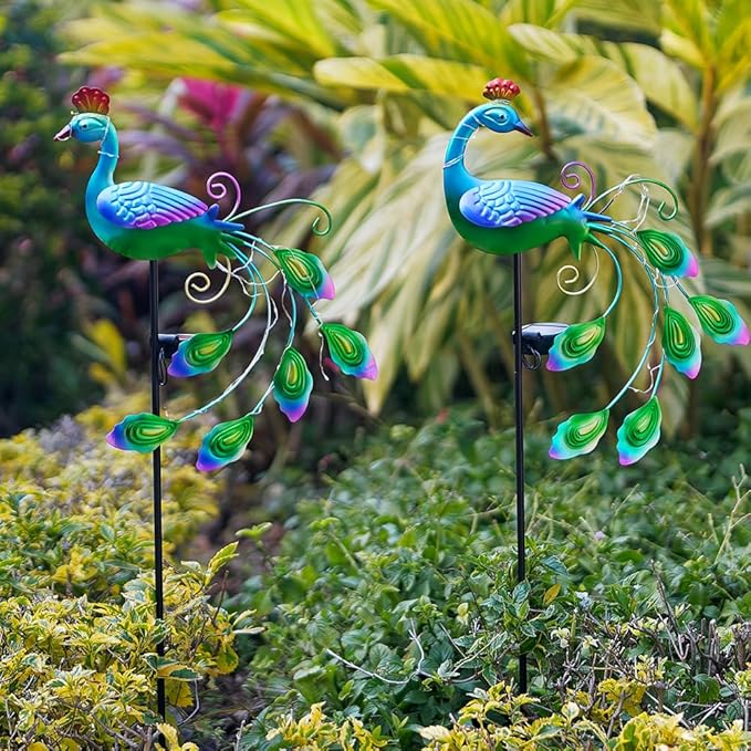 DREAMSOUL 2 Pack Metal Peacock Solar Lights Outdoor Waterproof LED Solar Lights - Image 5
