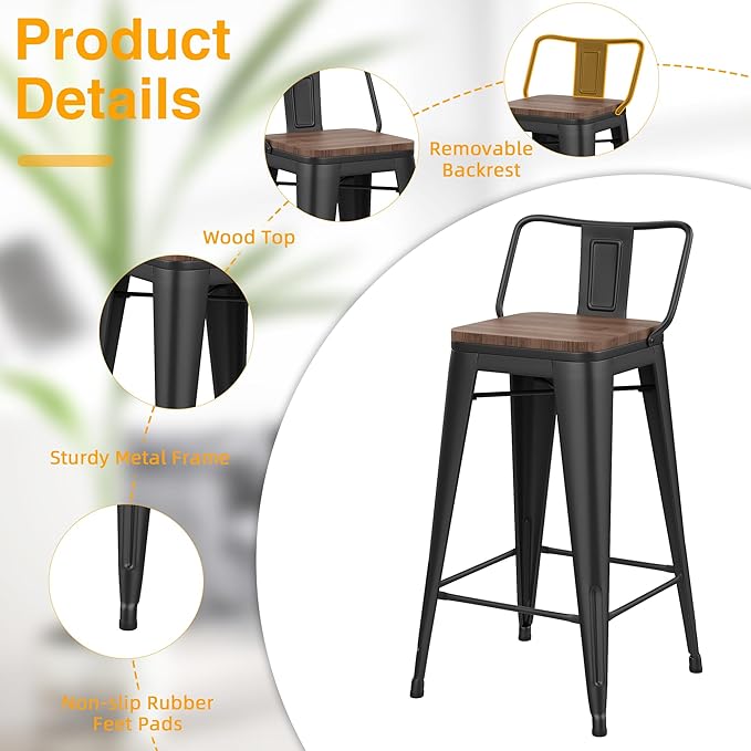 Yongchuang 26" Metal Bar Stools Set of 4 Counter Height Barstools - Image 5