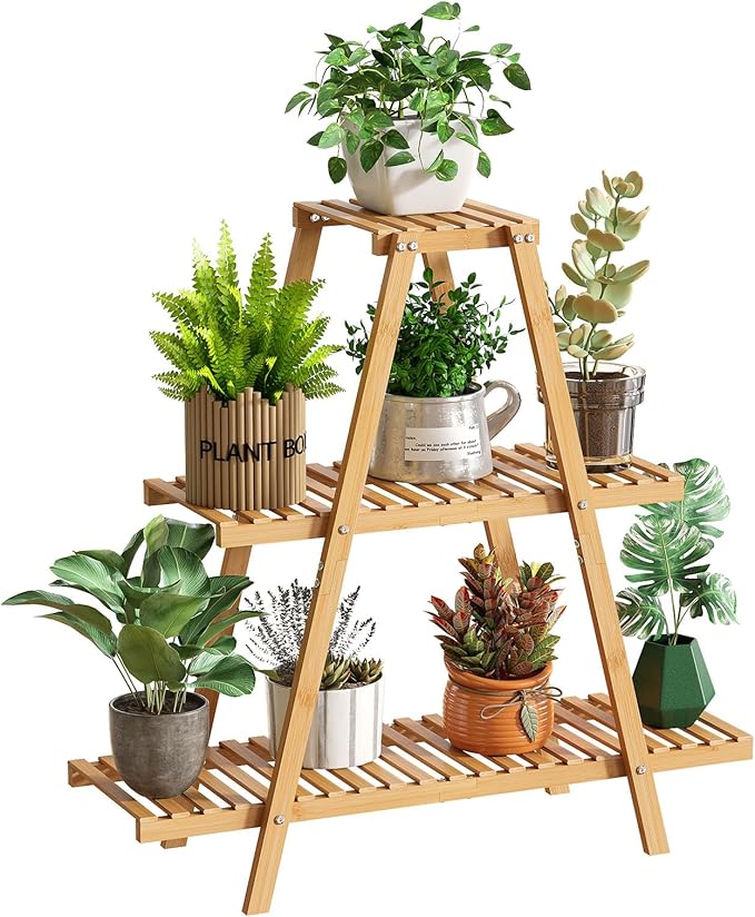 GHWIE Plant Stand Indoor Plant Shelf Outdoor bamboo Plant Rack, 3 Tiers Ladder by GHWIE