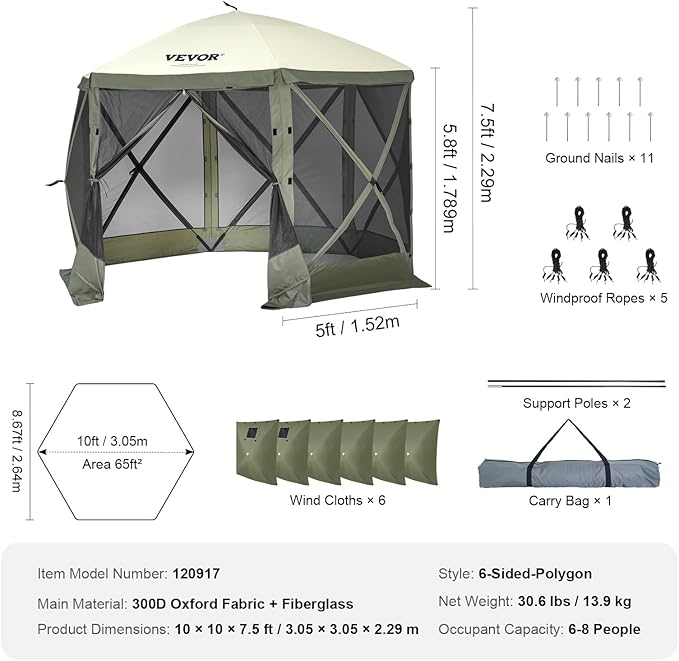 VEVOR Pop Up Gazebo Screen Tent 6 Sided Canopy Sun Shelter - Image 8