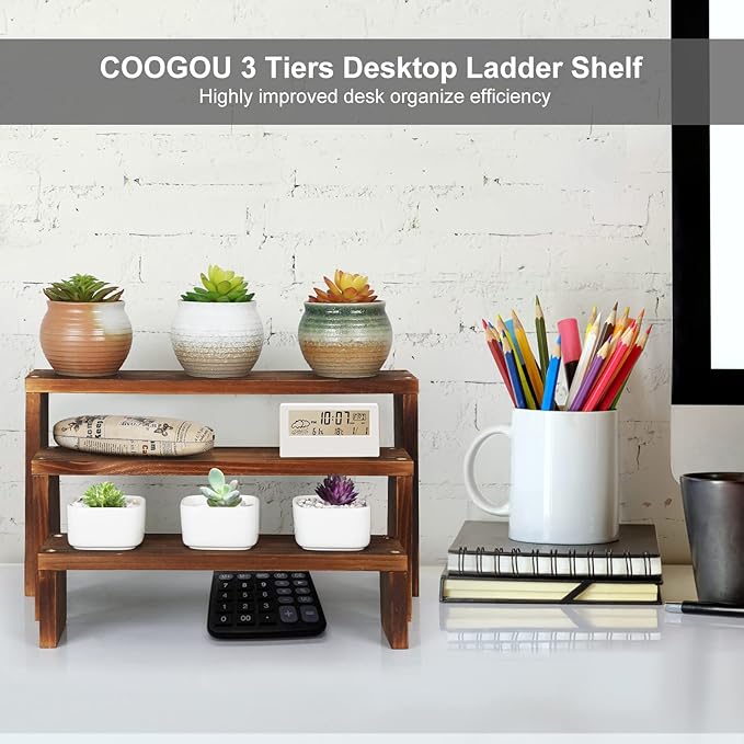 Desk Plant Stand Windowsill Plant Shelf 3 Tiers Wooden Tabletop Plant Shelves - Image 3