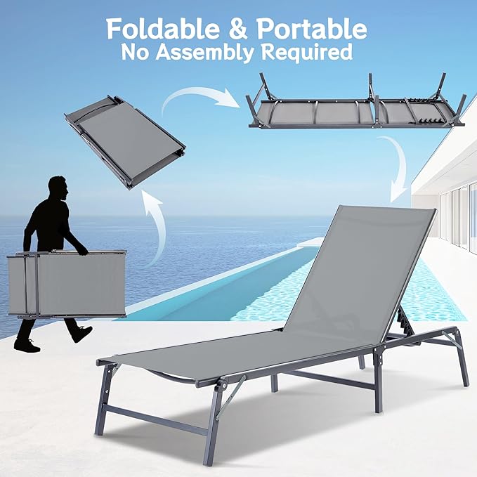 Outdoor Chaise Lounge Chair Set of 2, Foldable & Assemble-Free, 6 Adjustable - Image 4