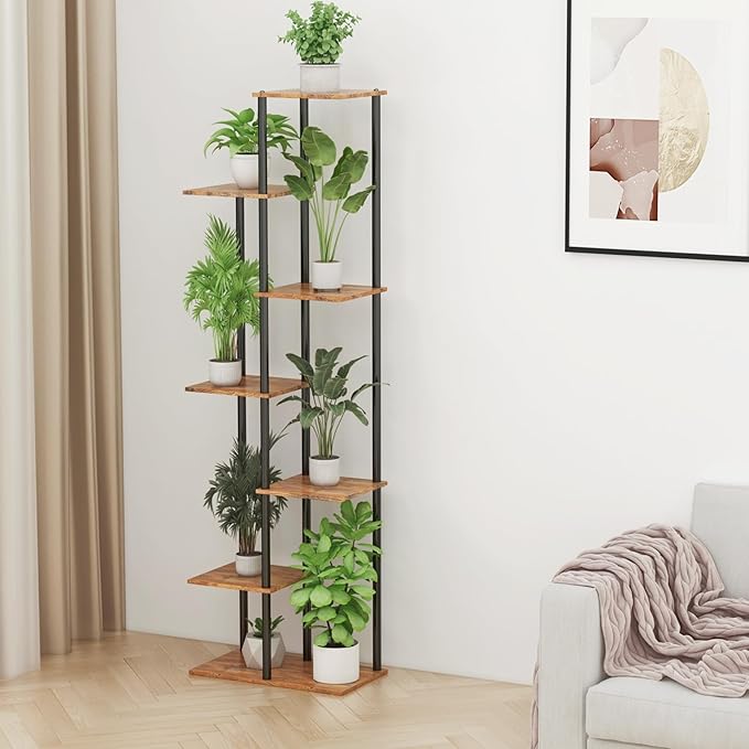 Plant Stand Indoor 7 Tier 8 Potted Metal Wood Plant Shelf, Rustic Brown - Image 6