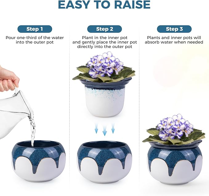 African Violet Pots, 6 inch Ceramic Easy Self Watering Plant Pot - Image 5