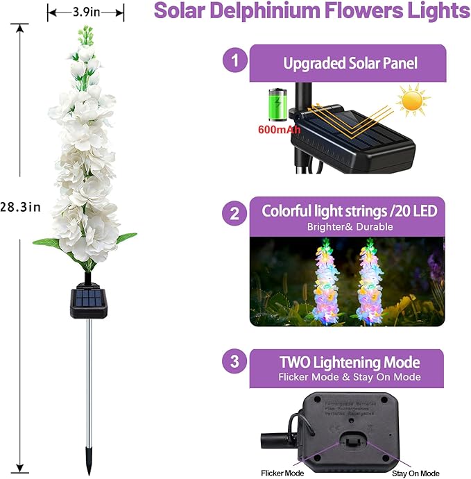 Solar Garden Lights, Delphinium Flowers 2 Pack 40 LEDs, Waterproof Outdoor - Image 2