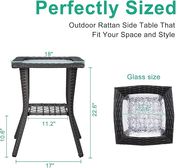 VINGLI Outdoor Side Table with Storage Wicker Patio Side Table, Tempered Glass - Image 3