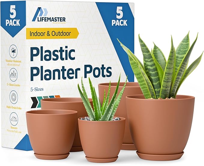 Terracotta Plant Pots with Drainage Holes & Saucers 5 Pack, Indoor & Outdoor by LIFEMASTER