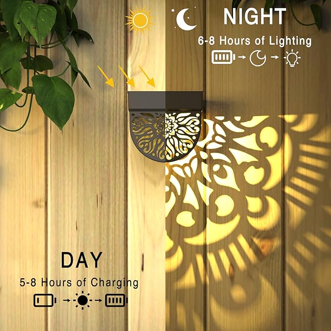 6 Pack Solar Fence Lights Outdoor Wall Lights Black Plastic Solar Powered Deck - Image 6