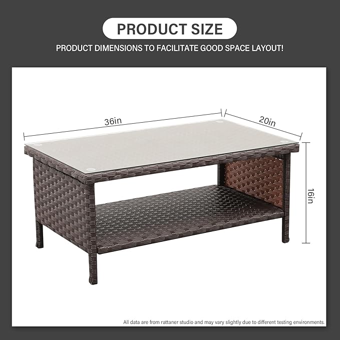 Outdoor Wicker Coffee Table Patio Furniture Garden Rattan 2-Layer Glass Table - Image 3