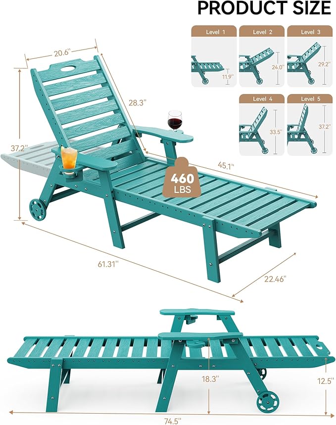 Carauci Lounge Chair Outdoor Set of 4, HDPE Chaise Lounge - Image 3