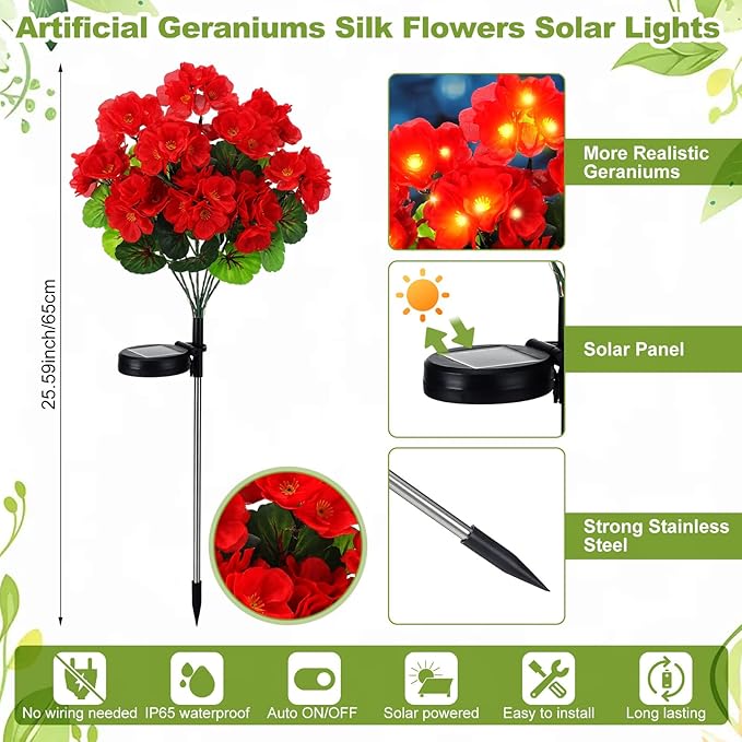 2 Pcs Solar Geraniums Lights Outdoor Waterproof - Image 2