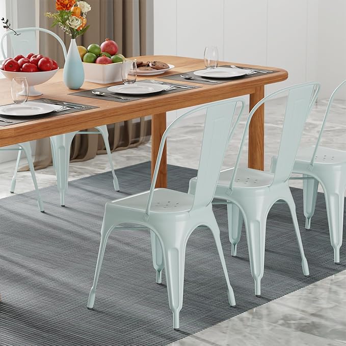FDW | Set of 4 Metal Dining Chairs | Blue | Stackable Tolix Side Chairs - Image 2