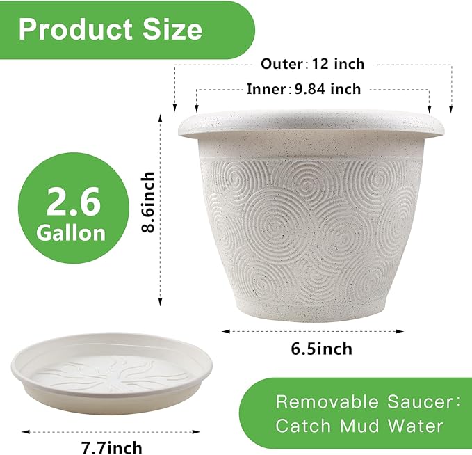 Plastic Flower Pots Planters for Indoor Plants, 4 Pack 12 Inch White Plant Pots - Image 3
