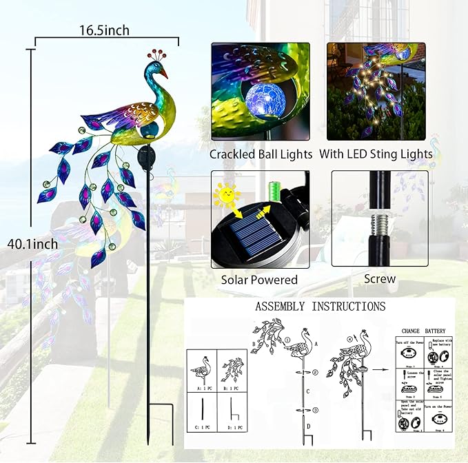 DREAMSOUL Solar Garden Lights Outdoor, Metal Peacock Decor Solar Lights Garden - Image 6