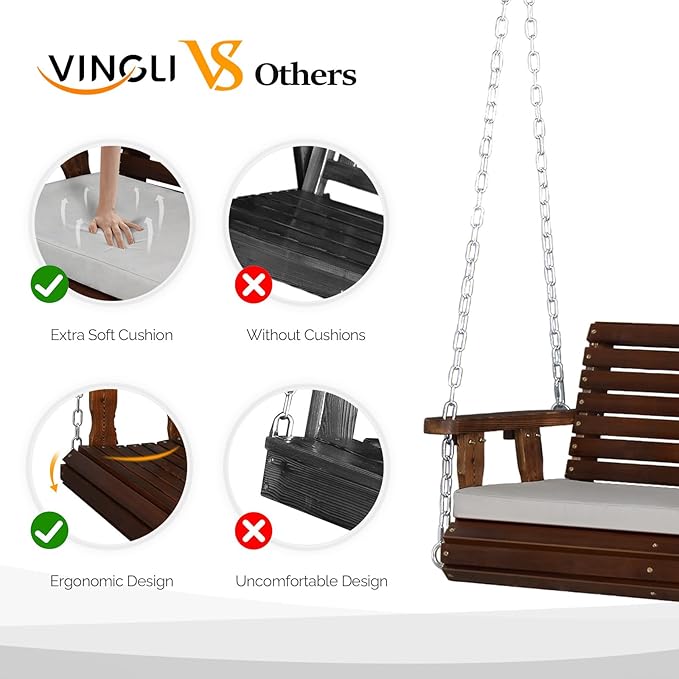 VINGLI Heavy Duty 880 LBS Patio Wooden Porch Swing Outdoor - Image 3
