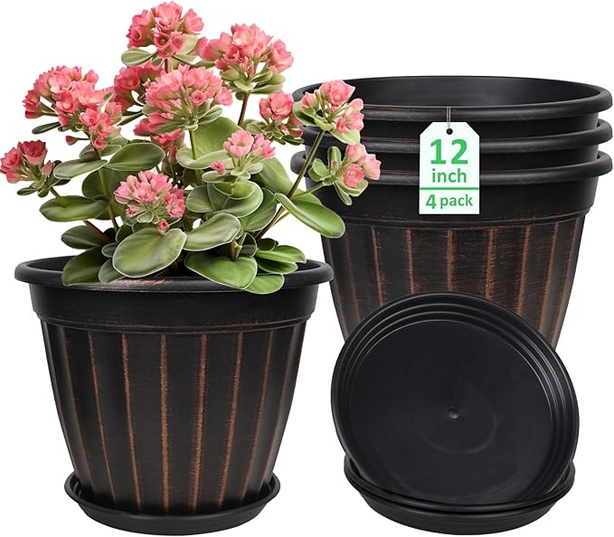 FGstyle 12 Inch Pots for Plants, 4 Pack Tall Planters, Large Flower Pots by FGstyle