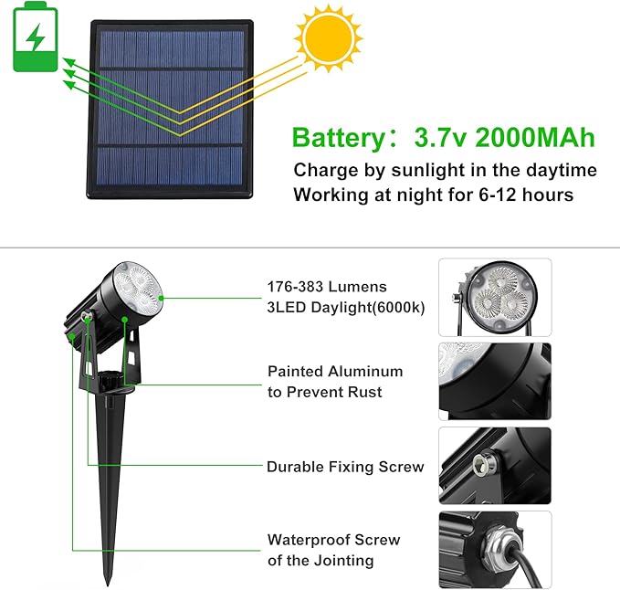 Solar Spot Lights Outdoor, 3-in-1 Garden Spotlights IP65 Waterproof 9.8ft Cable - Image 2