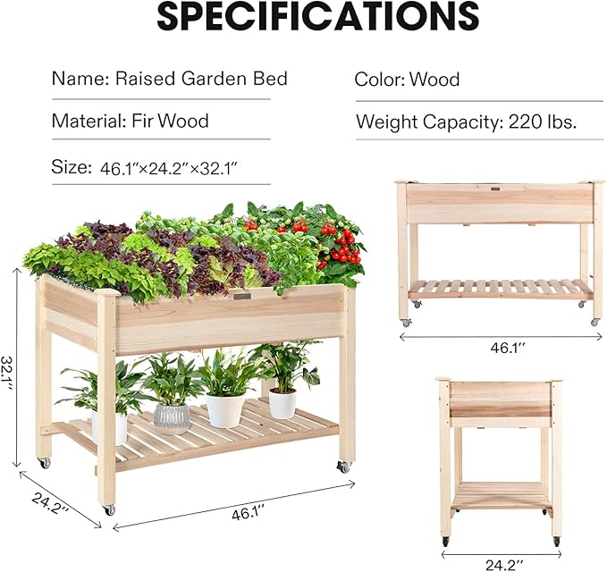 VIVOSUN Elevated Wooden Raised Garden Bed, Mobile Outdoor Planter Box - Image 3