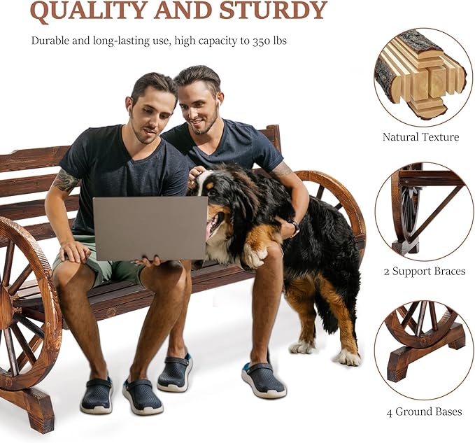VINGLI Rustic Wooden Wheel Bench Outdoor Bench, Patio Bench Wagon Slatted Seat - Image 5