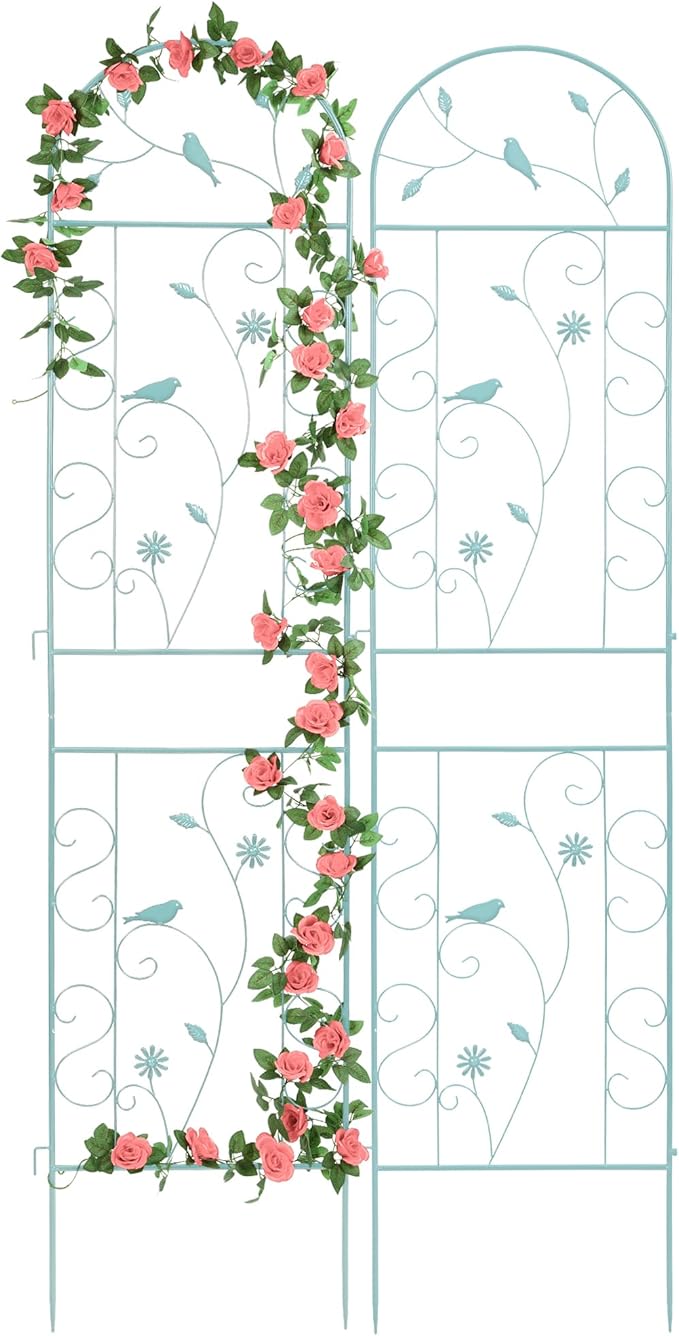 Metal Garden Trellis for Climbing Plants, 2 Pack 86.5" x 19.7" Green Plant by FHWTY