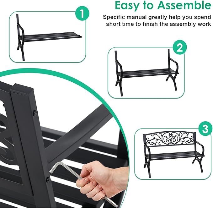 FDW Outdoor 50 Inches Garden Bench, Slatted Seat Armrests Floral Design Backres - Image 4