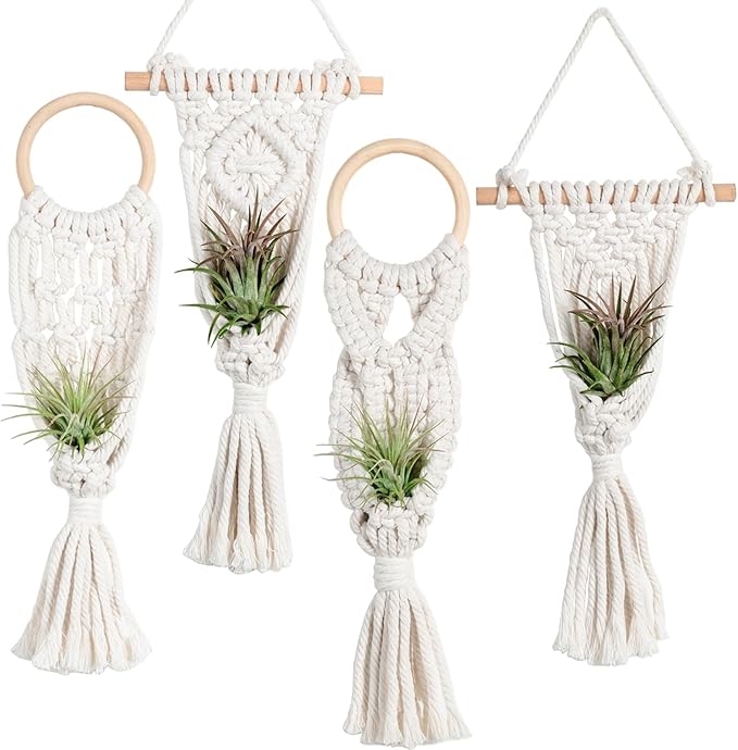 Melphoe 4 Pack Air Plants Holders Stand Air Fern Macrame Plant Hanger Indoor by Melphoe