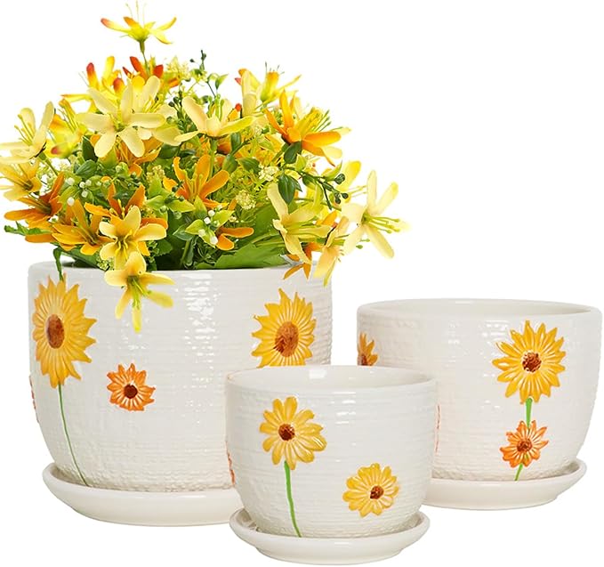 Ceramic Plant Pots Set of 3, 6.75/5.6/4.2 inch Planters by Hlukana