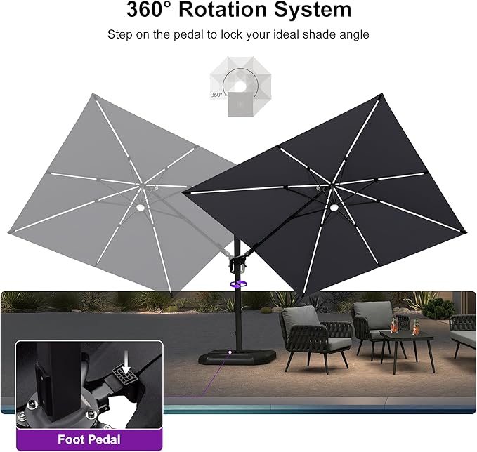 PURPLE LEAF 10 Feet Patio Umbrella Outdoor Cantilever Solar Powered LED Swivel - Image 8