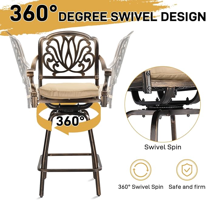 VINGLI Outdoor Swivel Bar Stools Set of 2, Cast Aluminum Patio Bar Height Chairs - Image 5
