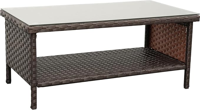 Outdoor Wicker Coffee Table Patio Furniture Garden Rattan 2-Layer Glass Table - Image 10