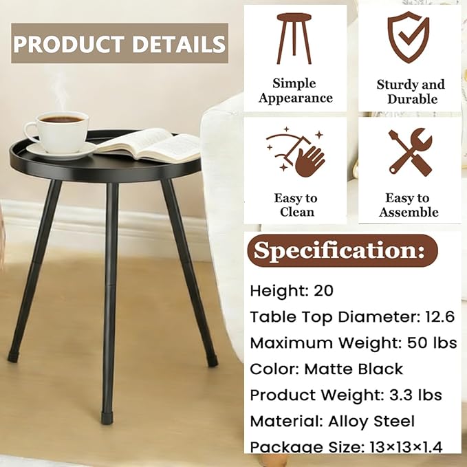 Small Round Side Table Metal End Table Outdoor Black Side Table Mid-Century - Image 7