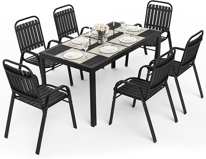 Pamapic Outdoor Dining Sets for 6, Rectangular Steel Slat Table - Image 2