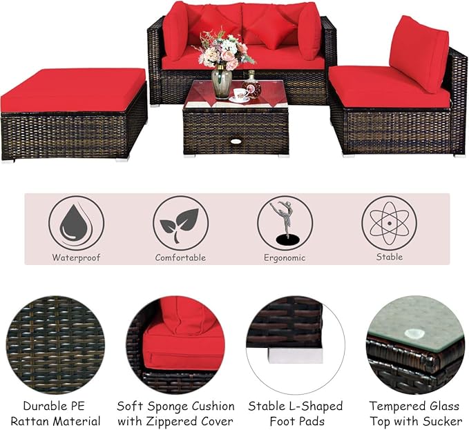 Tangkula 5 Pieces Patio Rattan Furniture Set, Outdoor Sectional Rattan Sofa Set - Image 7
