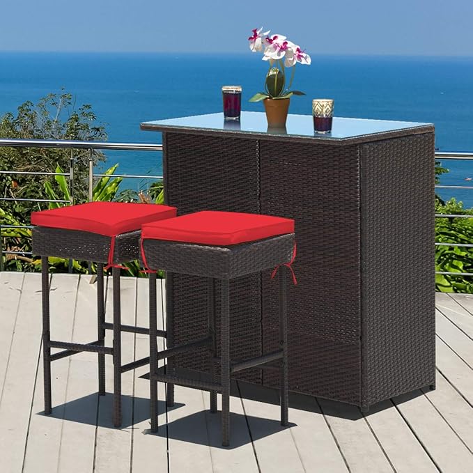 Tangkula Patio Bar Set, 3 Piece Outdoor Rattan Wicker Bar Set - Image 3