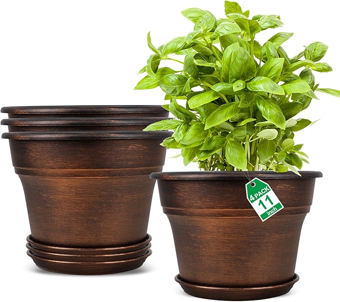 Plant Planters Pots Set of 4 Pack 11 Inch, Plastic Flower Pot by Fodetyff