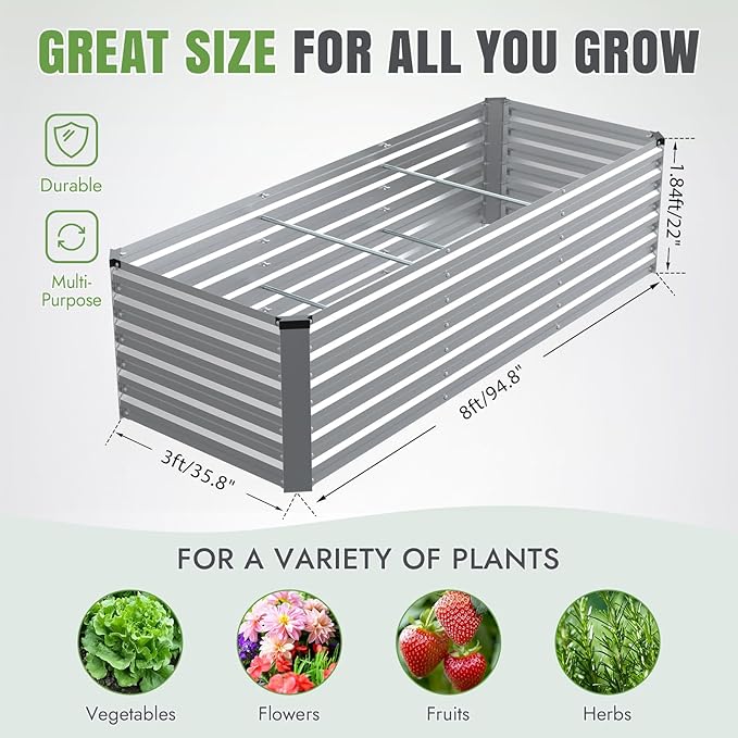 INNO STAGE 8x3x2ft Galvanized Raised Garden Bed, Raised Garden Bed Kit-Metal - Image 6