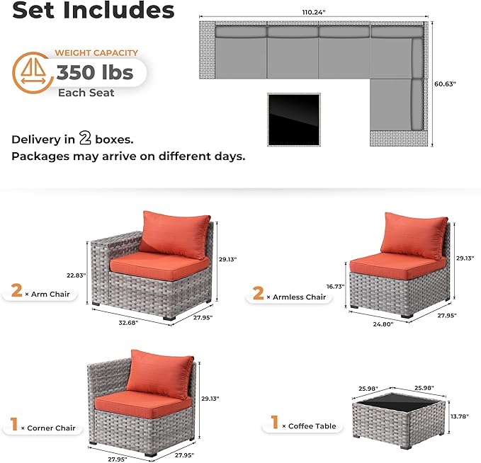 ovios 6 Pieces Patio Furniture Set, Outdoor Wicker Sectional Sofa - Image 2