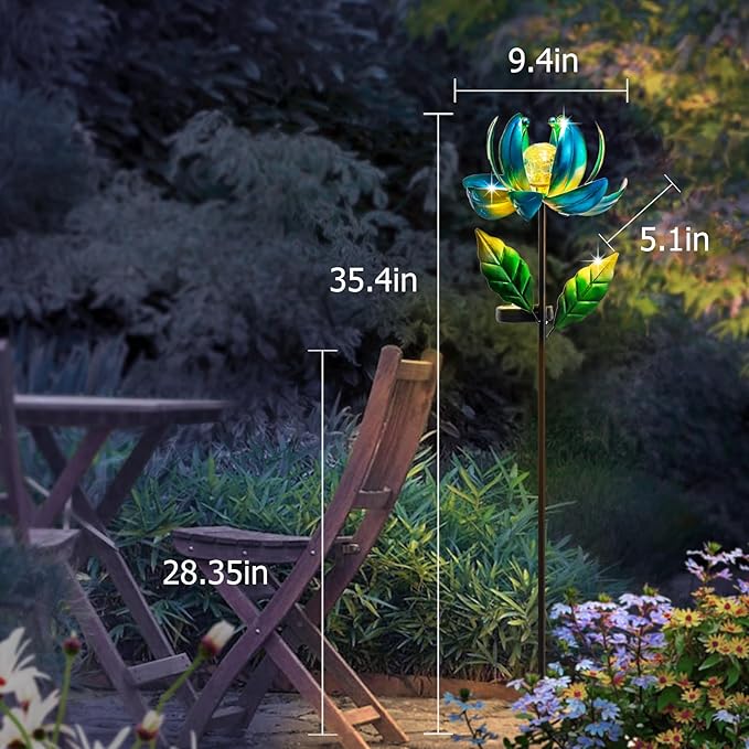 Solar Yard Lights Wind Spinners- Metal Lotus Flower Garden Decor LED Crackle - Image 5