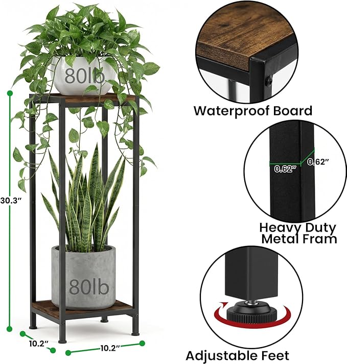 TOSKING 30" Tall Plant Stand, 2-Tier Metal & Wood Plant Shelf, Heavy Duty - Image 3