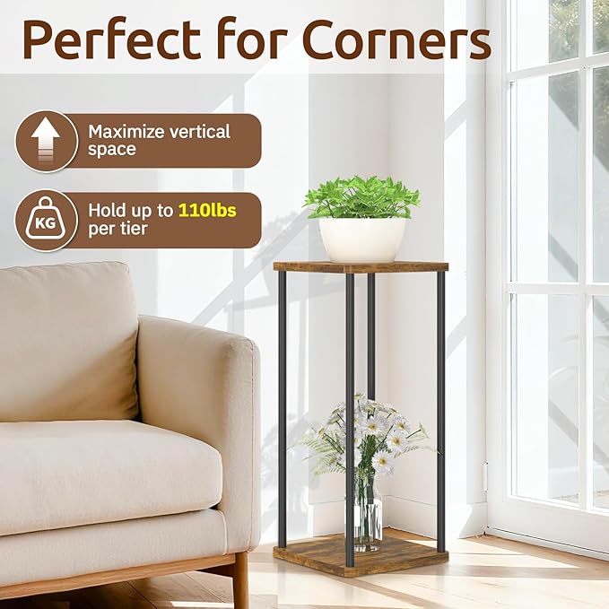 2 Tier Plant Stand Indoor, Oppro 28In Tall Corner Vertical Wood Metal Shelf - Image 4